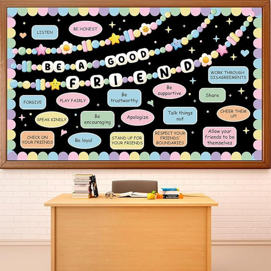 Friendship Bracelet Bulletin Board Set Pastel Back to School Classroom Decoration Motivational Be a Good Friend Friendship Bracelet Bulletin Board Cutouts for Classroom School Chalkboard Wall Decor