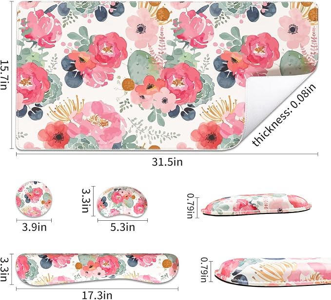 QiyI Leather Desk Mat Set, 4-in-1 Large Mouse Pad with Wrist Rest, Non-Slip Desk Pad + Keyboard Wrist Rest + Mouse Wrist Support + Coaster, Office Desk Accessories Home Decor Supplies, Pink Flowers