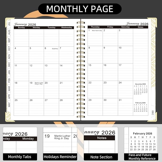 2026 Planner, Jan.2026 - Dec.2026 Weekly Monthly Planner 6.25"x8.5" with Page Tabs, Calendar Hardcover with Inner Pocket, Elastic Band, Twin-Wire Binding, Bookmark, Black Love Heart