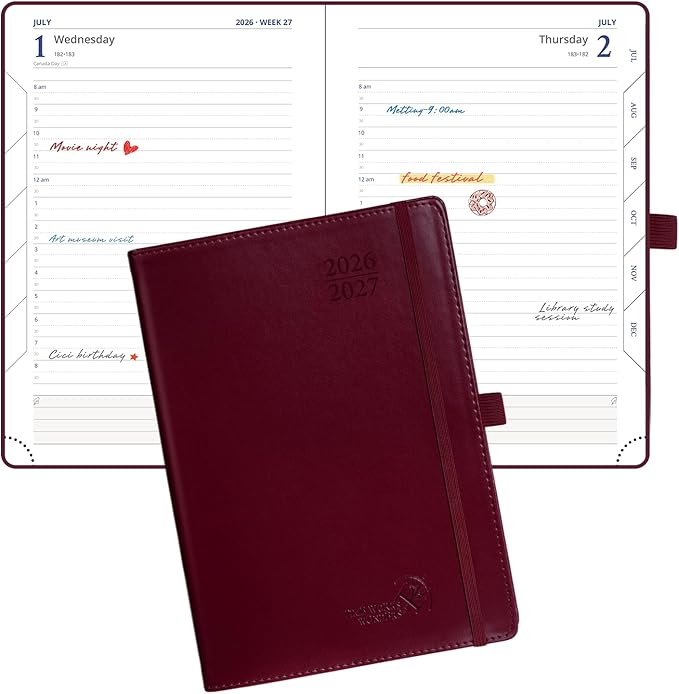 POPRUN Daily Planner 2026-2027 One Page per Day, (A5 Size 5.7" x 8.5") Academic Planner (July 2026 - June 2027) Hourly Appointment Book with Vegan Leather Hardcover, Monthly Tabs & Inner-pocket - Burgundy