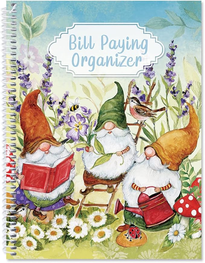 Current Sweet Gnome Bill Paying Organizer Book - 9" x 12” Personal Account Book, Spiral Bound, 14 Storage Pockets, 32 Label Stickers, Monthly Finance & Payment Management Tracker for Home & Office