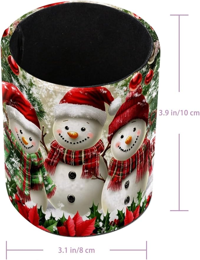 Pencil Holder for Desk, Christmas Snowman Tree Pen Cup Makeup Brush Holder, Leather Desktop Organizer Storage Case Stationery for School Home Office Supplies