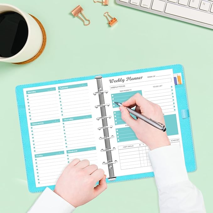 7-Hole Weekly Planner Refills for Mini Binders - 53 Sheets/106 Pages Weekly Planner Paper, 100 gsm White Paper, Lasts 1 Year, Undated, 5.8" x 8.3", Teal