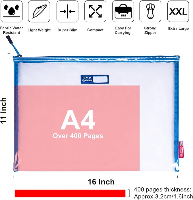 Rough Enough Plastic File Folder Clear Zipper Pouch Bags Document Holder Bag for Organizing A4 Paper Letter Office Teacher Art Supplies Storage