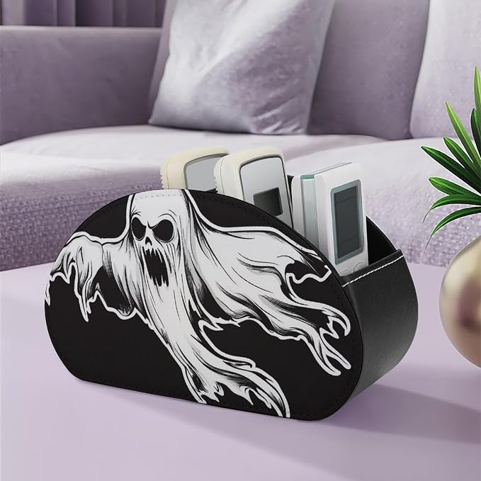 Creepy Ghost Remote Control Holder with 5 Compartments Leather TV Remote Caddy Remote Storage Box Desktop Organizer for Pen/TV Remotes/Media Controllers/Office Supplies