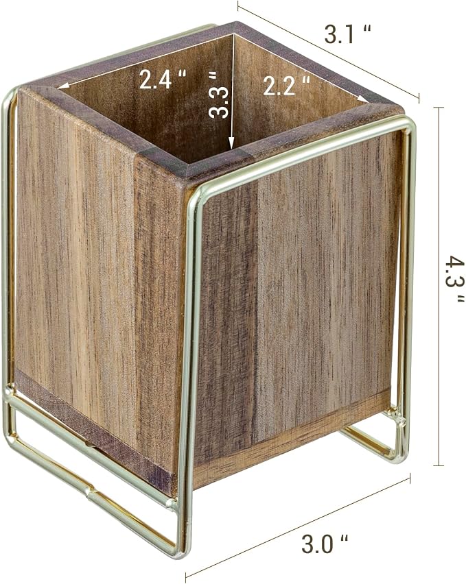 MyGift 3 Inch Modern Premium Solid Acacia Wood and Brass Tone Metal Wire Desktop Pencil Cup, Wooden Tabletop Pen Holder, Office Desk Stationery
