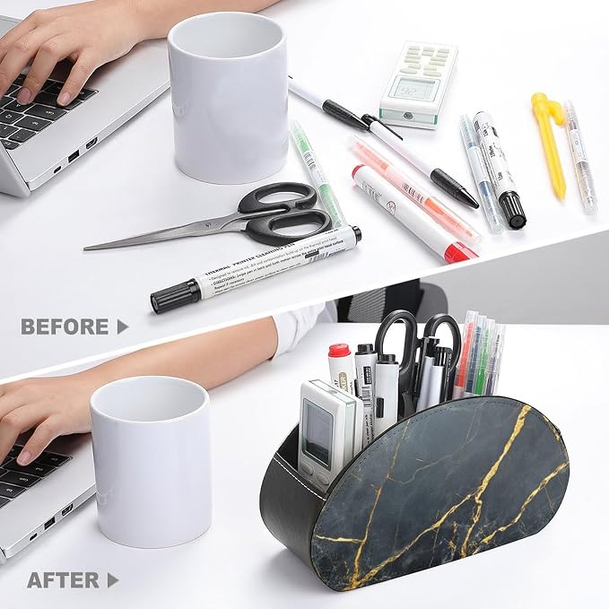 Polished Black Marble with Golden Veins Remote Control Holder with 5 Compartments Leather TV Remote Caddy Remote Storage Box Desktop Organizer for Pen/TV Remotes/Media Controllers/Office Supplies