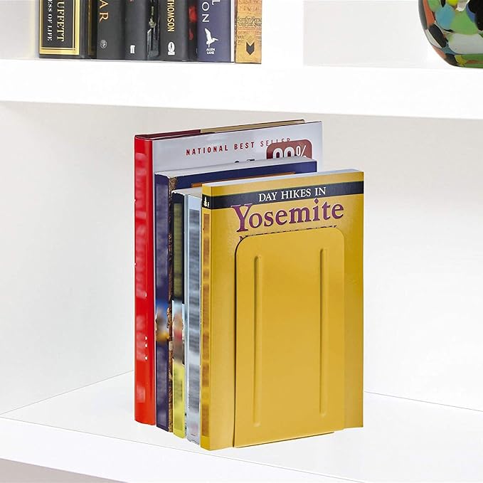 Acrimet Bookends for Shelves, Non-Skid Book Holder, Heavy Duty Book Stopper, Steel Metal Book Ends Storage for Home, Library, 6 7/8" H x 4" W x 4 1/2" D (Yellow) (1 Pair / 2 Pieces)