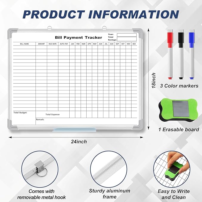 Feifeiya 24 x 18 Inch Monthly Bill Payment Tracker Organizer Whiteboard Aluminum Frame Wall Monthly Bill Payment Checklist Magnetic Dry Erase Board Planner for Personal Budgeting Financial (Stylish)