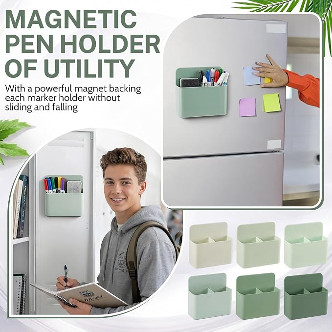 6 Pcs Magnetic Dry Erase Marker Holder Magnetic Pen Holder for Whiteboard Magnet Pencil Storage Organizer for Office Refrigerator Locker Classroom Organization Metal Cabinets (Greenery)