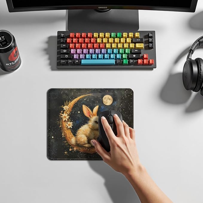 Vintage Witchy Easter Bunny Moon Mouse Pad, Fantasy Dark Celestial Floral Moon Mouse Pad for Home Office Computer Gaming Desk Accessories, 9.5x7.9 Inch