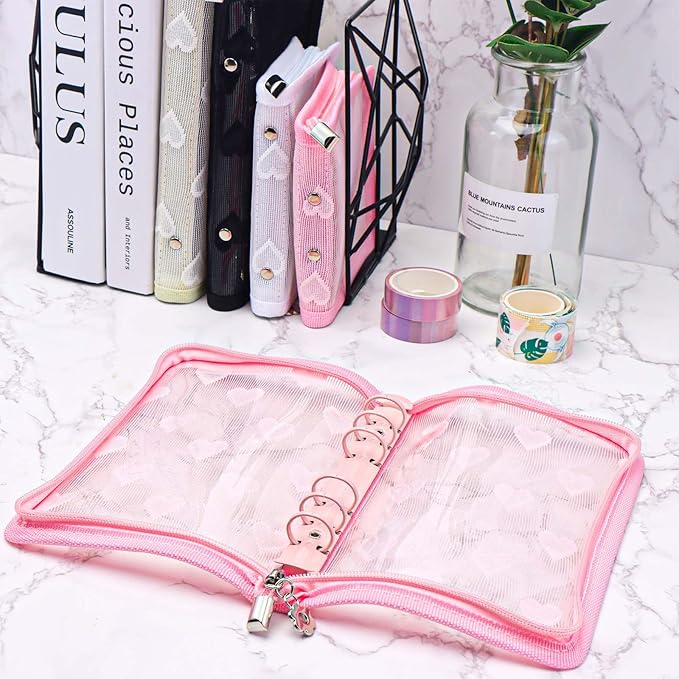 NatSumeBasics Pink A6 Binder Zipper Cash Envelope Wallet 6 Ring Lace Zip Budget Binders Cover for Journaling Planner (Zipper Pink A6 Binder)