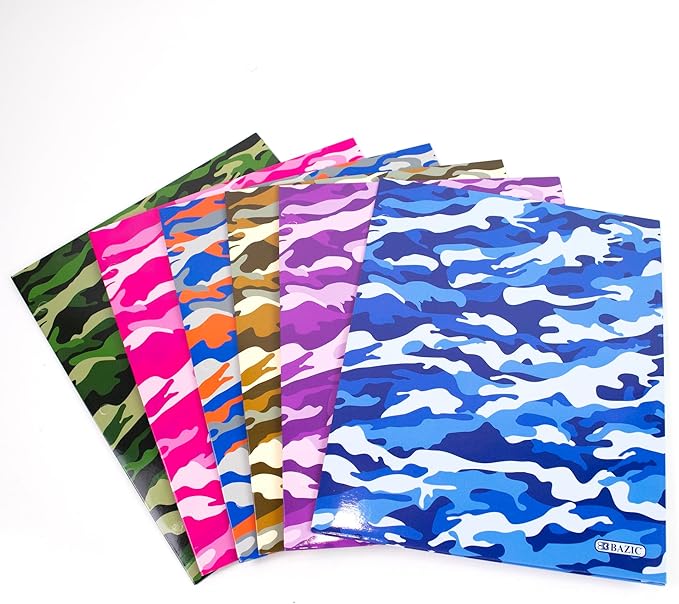 BAZIC Products 2 Pocket Paper Folder, Letter Size Document Organizer for School, Office, Business Use, Camouflage Design Portfolio Folder for Homework, Reports & Forms, Assorted Colors, 6 Pack
