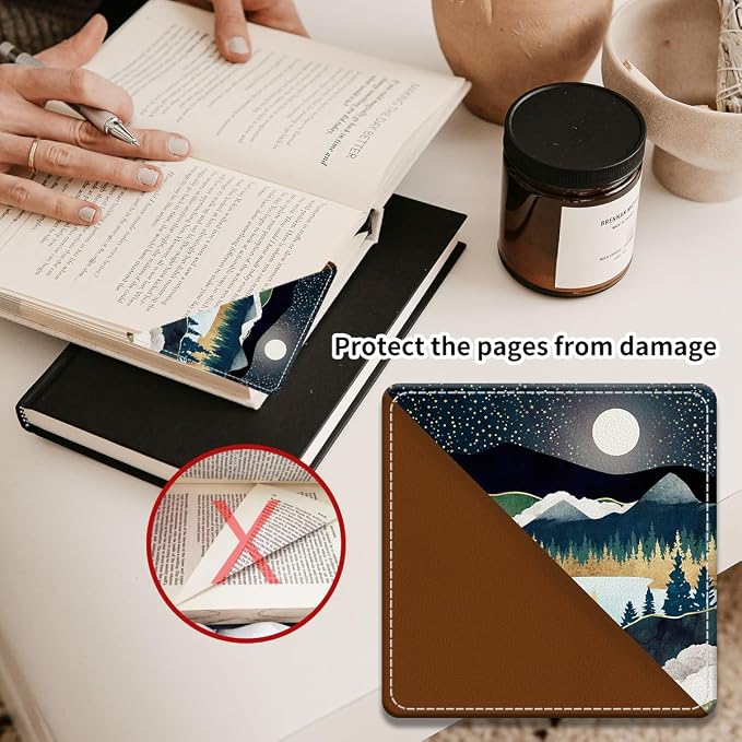 Cute Leather Bookmarks, Fun Triangle Making Corner Bookmark, Book Accessories for Reading Book Lovers, Unbreakable Page Markers for Women Men Night Forest Mountain
