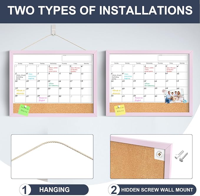 Dry Erase Calendar Cork Board Combo, 18x24 Inches Calendar Whiteboard for Wall, Magnetic White Board with Pink Wood Framed, Dry Erase Board for Planner Office Kitchen Home Memo