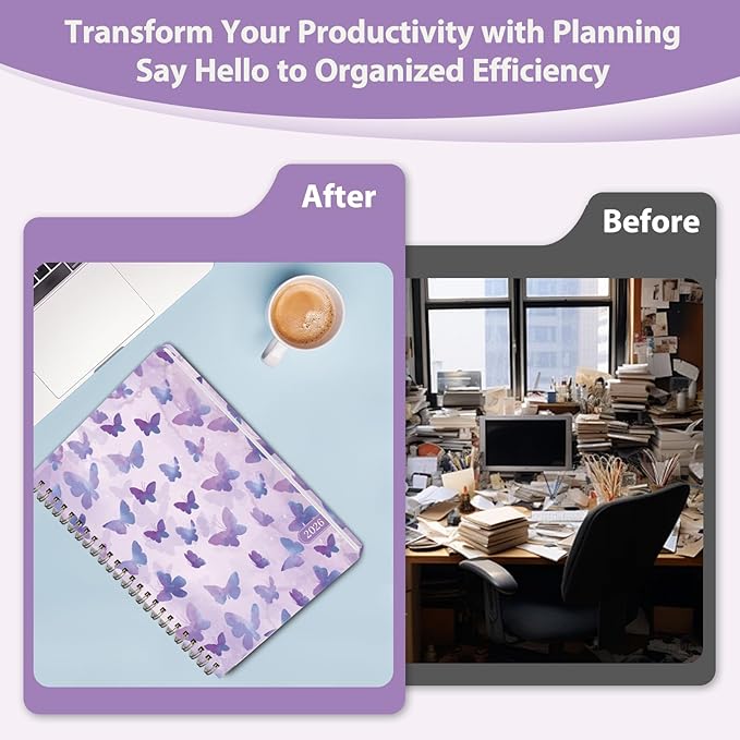 2026 Planner, Weekly and Monthly Calendar Planner, Academic Daily Agenda (Jan 2026 - Dec 2026), Hardcover Planning Notebook for Office Accessories and School Supplies, Purple Butterflies