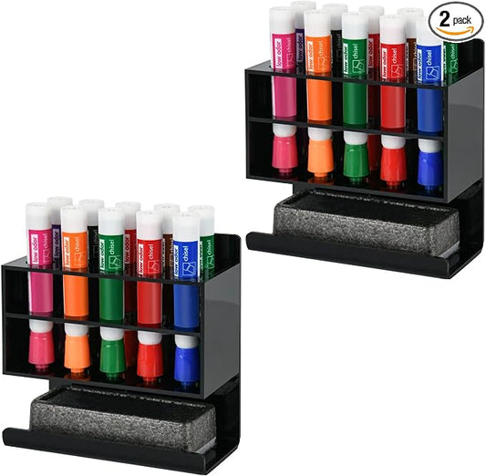 Dry Erase Marker Holder, 2 PCS Wall Mounted Acrylic Marker Holder with 10 Slots, Sticky Pen Storage for Classroom Organization, Office, Whiteboard, Desk Locker Accessories, Black