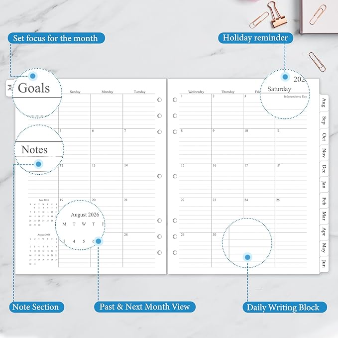 2026-2027 Monthly Planner Refill, A4 Letter Size Planner Inserts for 3 Ring, 8.5"x11", Jul. 2026 - Dec. 2027, 18 Monthly Calendars with Laminated Tabs, 7/3-Hole Punched