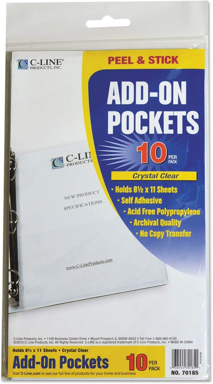 C-Line Self-Adhesive Add-On Filing Pockets, 8-3/4 x 5-1/8, 10 per Pack (70185)