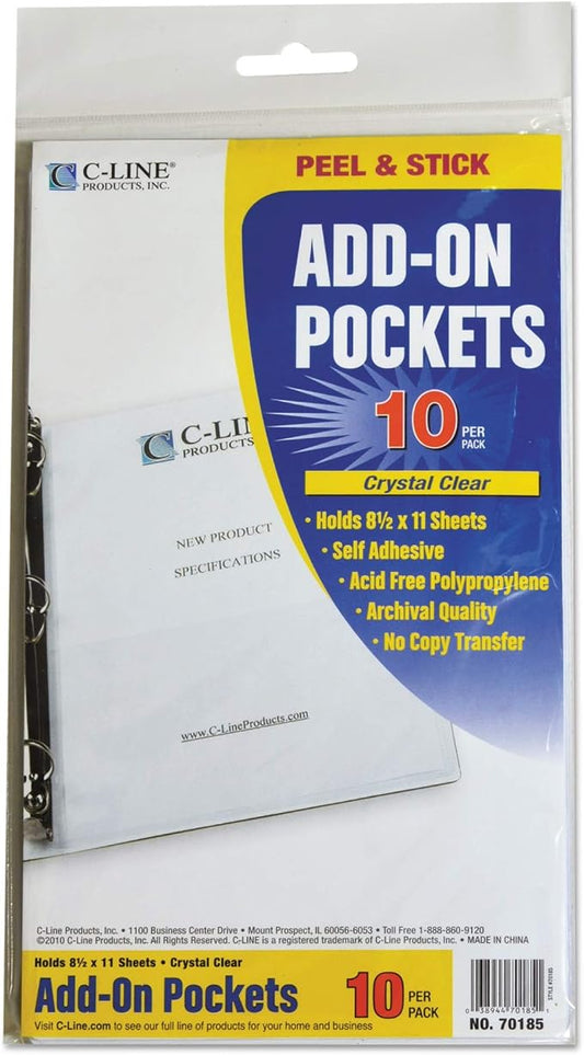 C-Line Self-Adhesive Add-On Filing Pockets, 8-3/4 x 5-1/8, 10 per Pack (70185)