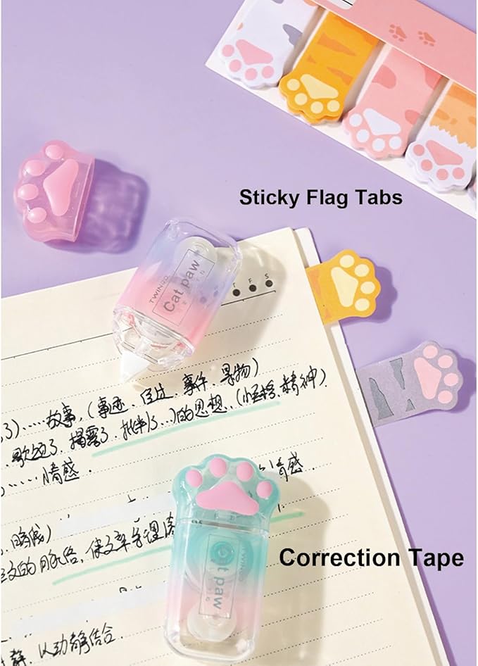 MOZXIRZ 9 Pcs Cute Blue Stationery Set Cat Paw School Supplies Kawaii Office Supplies Including Pens Highlighter Pencil Sharpener Eraser Correction Tape Ruler Sticky Flag Tabs (Gradient Blue)