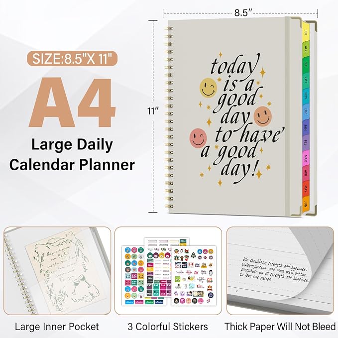 Planner 2026-2027, A4 Hardcover Weekly and Monthly Calendar Planner from July 2026 - June 2027, 8.5" x 11" Daily Agenda with Monthly Tabs, Spiral Bound, Inner Pocket, Cute Journal Organizer Notebook for Office School-Smiley Face