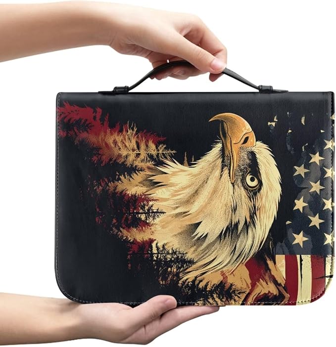 PU Leather Bible Covers for Women Men with Bookmark Carrying Book Case Church Bag Bible Protective with Zippered Pocket,Bald Eagle,X-Large