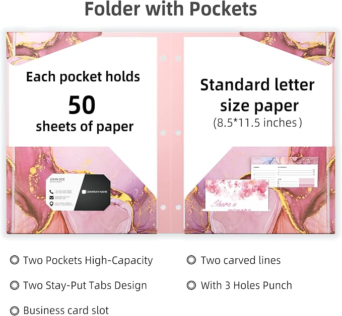 Ospelelf Folders with Pockets, Waterproof Plastic Folder with Two Fixed Corner Tabs and 2 Pockets Includes Business Card Slot, Includes Sticker, Fits 3 Ring Binder Holds 11" x 8.5", 6-Pack