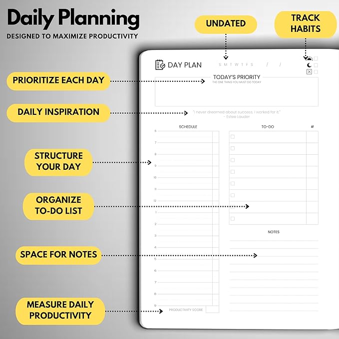 Wyze Planner Undated Daily Planner – 6-Month A5 Productivity Organizer with Full Page Per Day, Hourly Schedule, Goal Setting, Habit Tracker, Weekly & Monthly Pages – Hardcover Time Management Notebook (Gray)