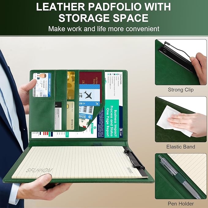 Clipboard Padfolio with Storage Pocket,Clipboard Folder Portfolio Organizer,360 Degree Foldable Clipboards,Faux Leather Padfolio Organizer (Olive Green, A4 Size Folder Without Elastic Band)