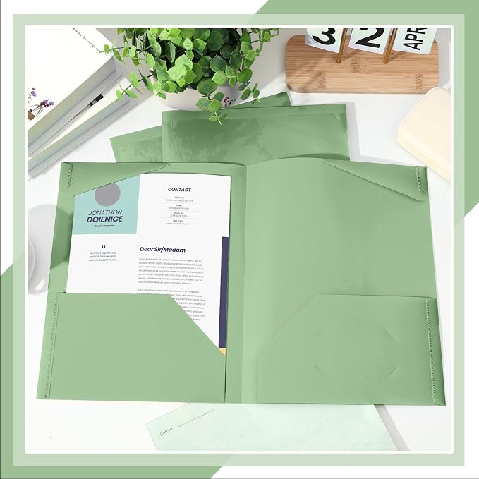 Henoyso 36 Pack Sage Green Plastic Folders with Clear Front Pockets Heavy Duty File Folders with 2 Pockets and Card Slot for Student Communication School Office Presentation Report