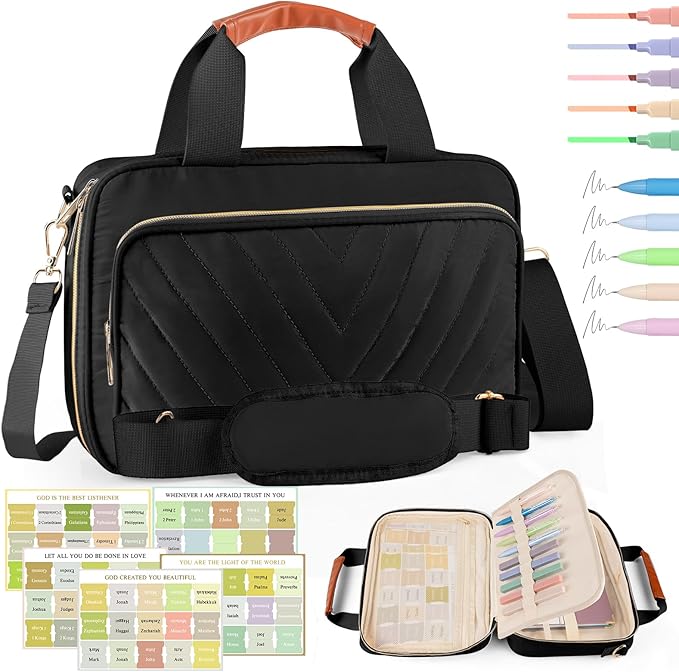 Bible Cover Case for Women, Large Quilted Bible Bag with Bible Study Supplies 5*Sticker & 5*Highlighter & 5*Pen, Stylish Church Bag Journaling Kit, Mothers Day Christian Gifts (Black)