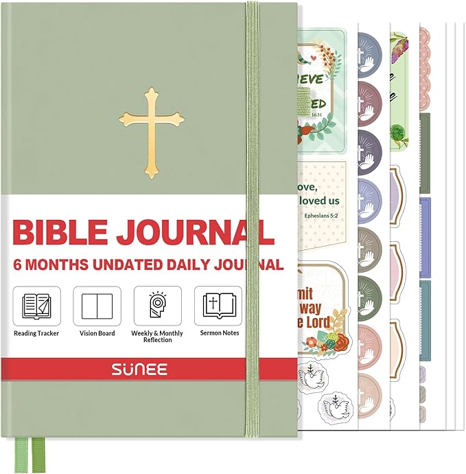 SUNEE Christian Bible Study & Prayer Journal – Undated 6-Month Scripture Notebook for Daily Devotional & Faith Growth, Meaningful Religious Gift for Women, Men, Pastor or Graduation (Grey Green)