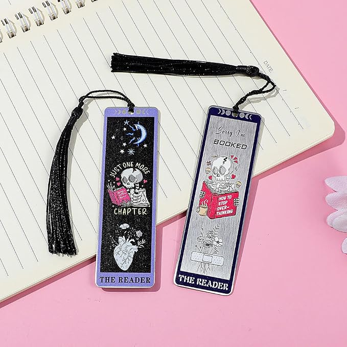 3Pcs Unique Skull Reader Bookmark - Metal Bookmark with Black Tassel, Star and Rose Pattern, Engraved “THE Reader” for Dark Gothic Lovers, Women Readers Fantasy Gift Gothic Gift (3PCS D)