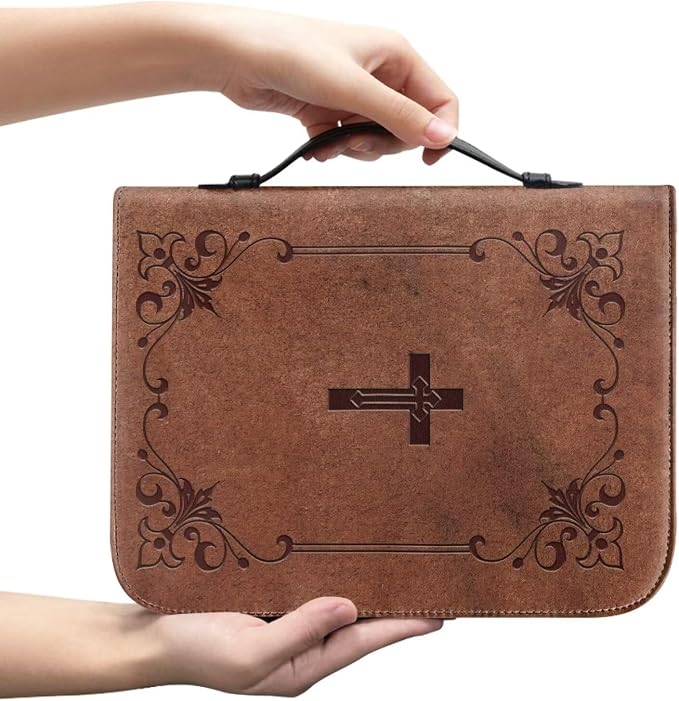 Retro Cross Women Bible Carrying Case Large Size Waterproof Bible Organizer Bag Portable Bible Covers with Handle Lightweight PU Leather Bible Carrier