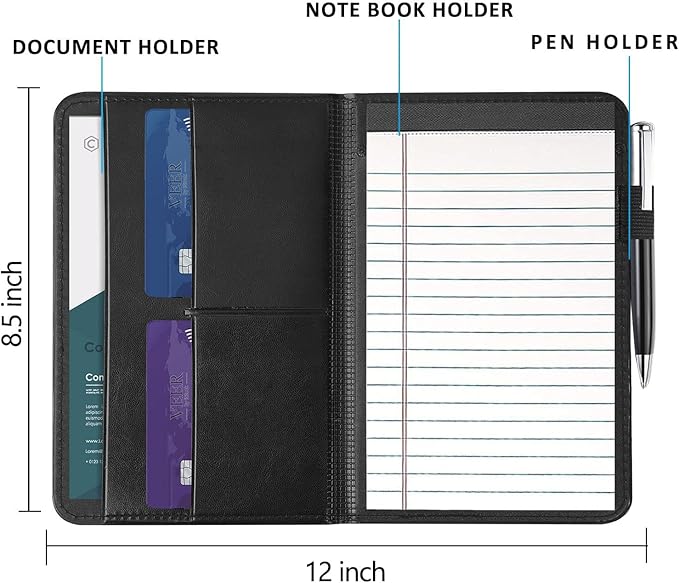 Padfolio/Portfolio Binder, Mini Padfolio Portfolio Binder 5 x 8 Legal Writing Pad, A5 Document Organizer Folder for Men Women, Black.