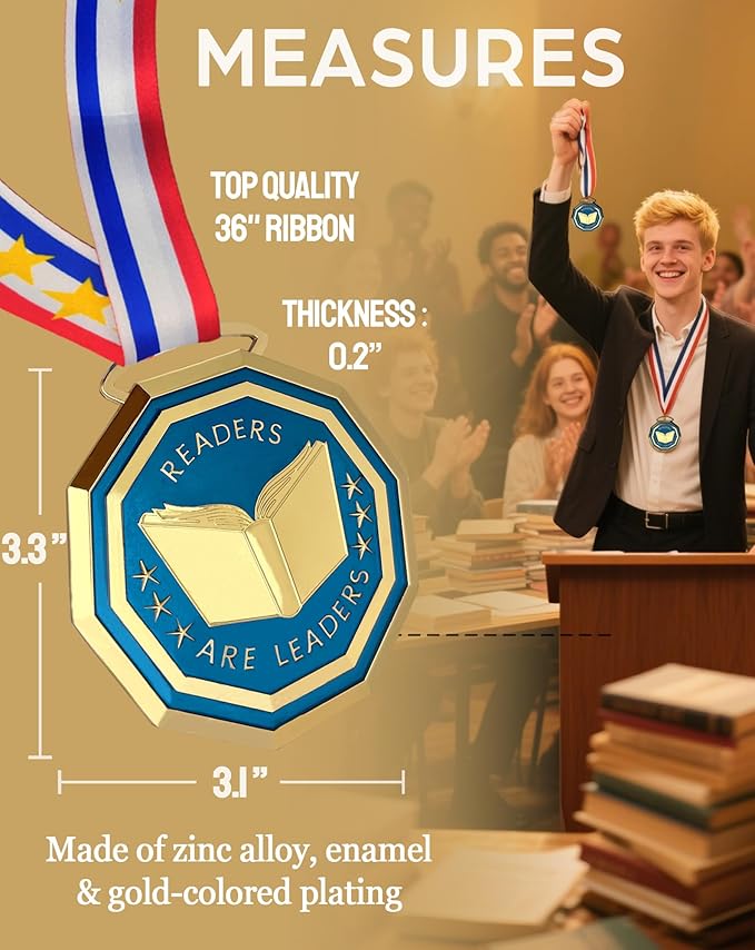 3.1'' Reading Award Medal - Heavy Duty Reading Superstar Necklace, Double-Sided 3D Engraved Reading Award Prize Gift for Students Adults School Graduation Participation Competitions