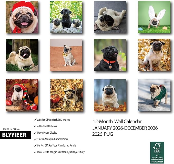 2026 Wall Calendar, Pug Dogs Wall Calendar, 12" x 24" Open,Family Planner Calendar, Home & Office Organizer,Hangable, for Dogs lover