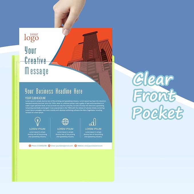 Heavy Duty Plastic Folder with Clear Front Pocket and Prongs -6 Pack, Assorted Colors 3 Prong Folders with Pockets and Card Slot for Letter Size Paper