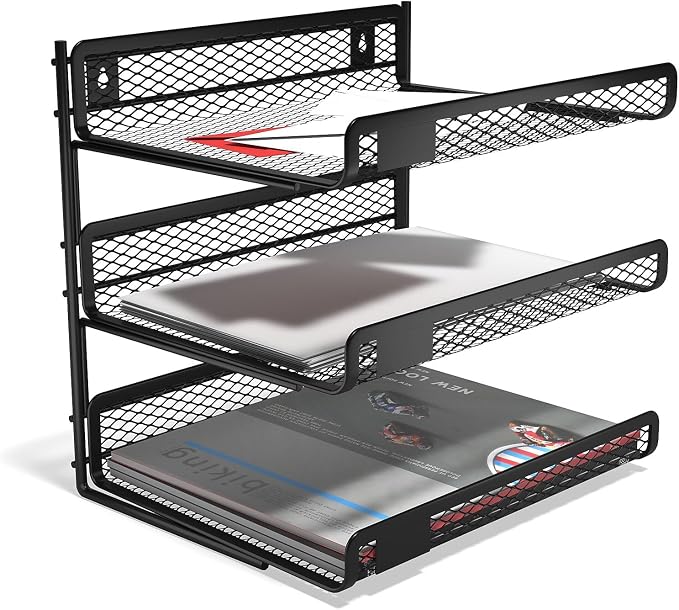 TRU RED Wire Mesh File Organizer, 3‑Compartment, Matte Black, 2‑Pack – Desktop Sorter for Files, Folders & Mail