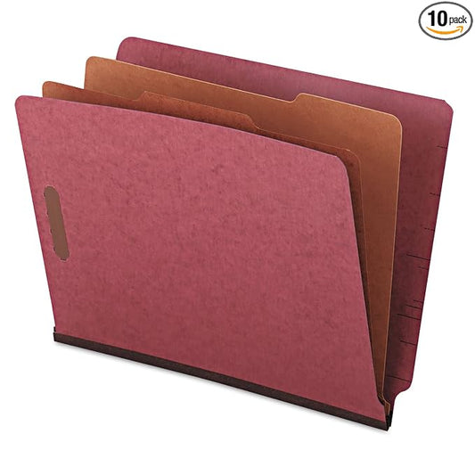 Universal End Tab Classfication Fastener Folder, Letter Size, 2 Dividers, 6 Fasteners, Red, Pack of 10