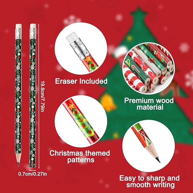 48Pcs Christmas Pencils for Kids, Christmas Wooden Holiday Pencils with Erasers, Santa, Snowman, Reindeer Designs for Classroom Party Favors, Stocking Stuffers, Xmas Gift Supplies, School Supplies