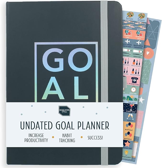 Boxclever Press Goal Planner. 12 Month Undated Planner to Boost Productivity & Achieve Your Goals. Life Planner with Weekly Planner Pages, Habit Tracker & Planner Stickers - 8.5 x 5.5''(Iridescent)