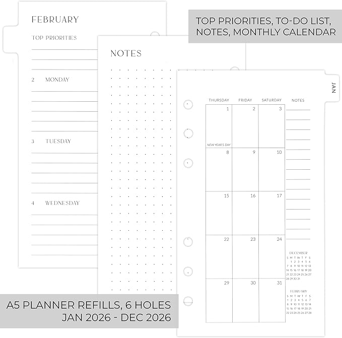 Beautiful 2026 Daily Planner Inserts for 6 Ring Binders - Durable Paper Refill Set 3.75" x 6.75" Personal Planner Size - Incl. Tabs & Monthly Calendar Spreads - From January 2026 - December 2026