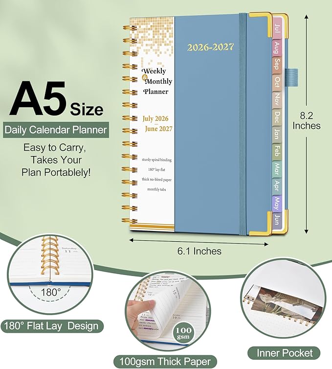 Academic Planner 2026-2027, Hardcover Weekly and Monthly Calendar Planner from July 2026 - June 2027, Daily Agenda Planners with Tabs, College School Organizer for Student Teacher, A5 (6.1" x 8.2"), Dusty Blue