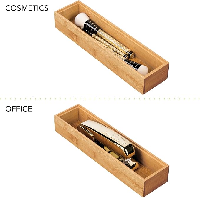 mDesign Slim Wooden Bamboo Drawer Organizer for Office - 12" Long Stackable Storage Box Tray for Desk Drawers/Cabinet - Junk Drawer and Accessories Organization - Echo Collection, 6 Pack, Natural Wood