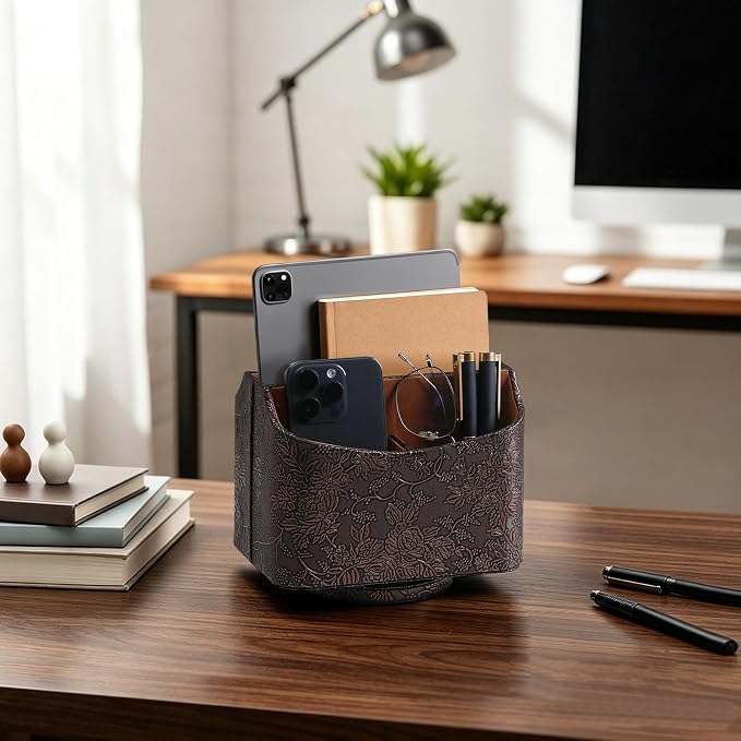 PU Leather Remote Control Holder, 360 Degree Rotating Desk Organizer Luxury Desktop Storage Rack, Rotating Bedside Storage Box for Desktop Office Living Room Bedroom (Brown Grape Pattern)