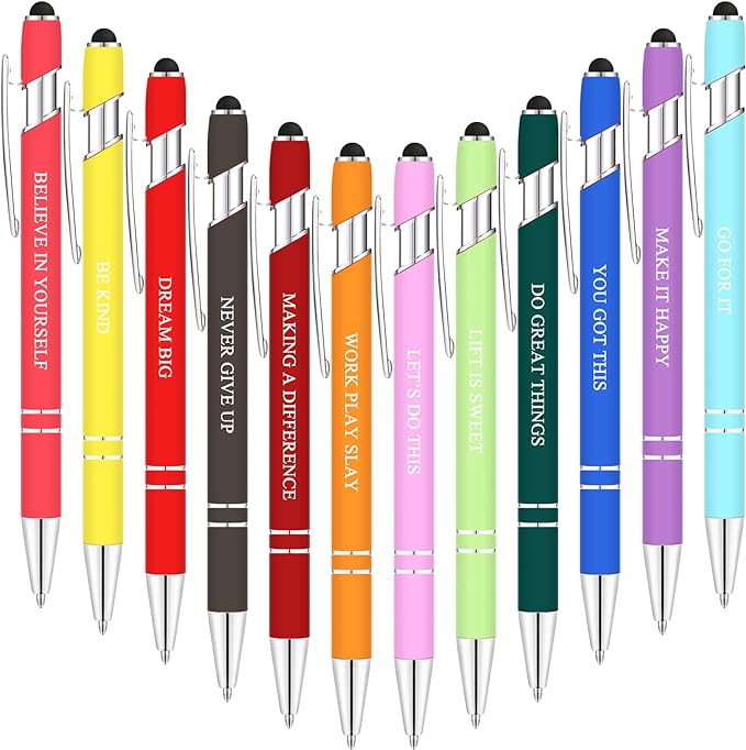 Zonon 12 Pcs Inspirational Pens Gift Set Funny Ballpoint Pen with Stylus Tip Motivational Graduation Gifts Bulk for Teacher Coworkers Nurse School Office Supplies(Assorted Color,Motivational Style)