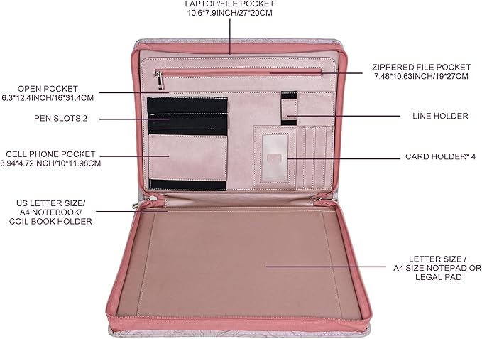 AZXCG Leather Portfolio for Women, Embossed PU Leather Padfolio with Zipper, Professional Business Document Organizer with A4 Notepad Holder, Professional Organizer for Resume/Interview(Purple)