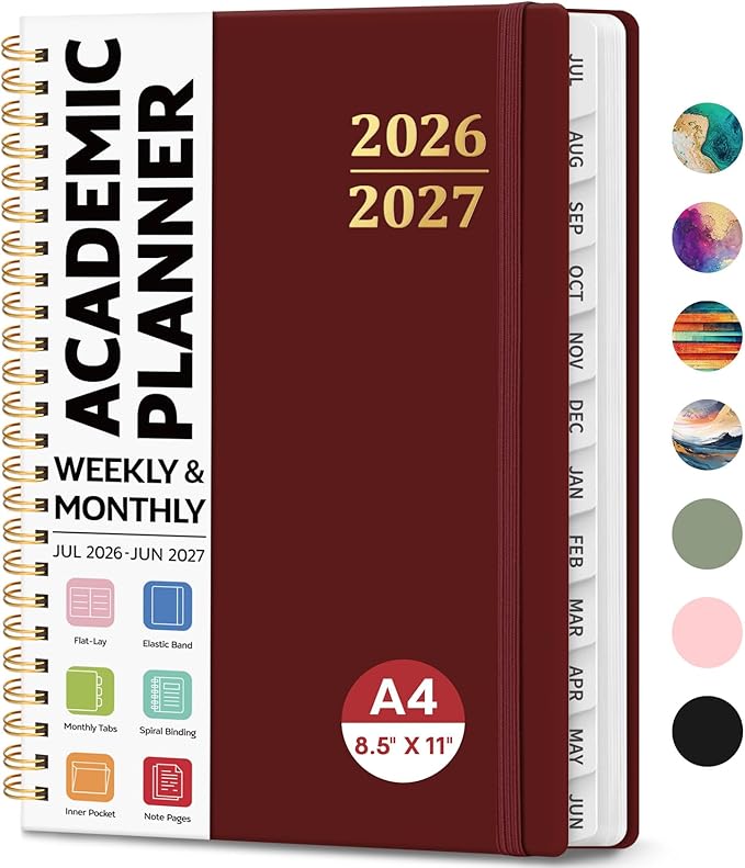 8.5" x 11" Academic Planner 2026-2027, Weekly & Monthly Calendar Planner Book, July 2026 – June 2027, Large Hardcover Organizer with Tabs, Perfect for Teachers, Students, Women & Men – A4, Burgundy
